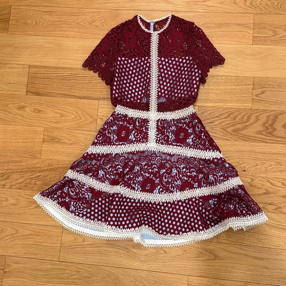 Alexis Rustikan Burgundy and Baby Blue Lace Mini Dress - Picture 4 of 7